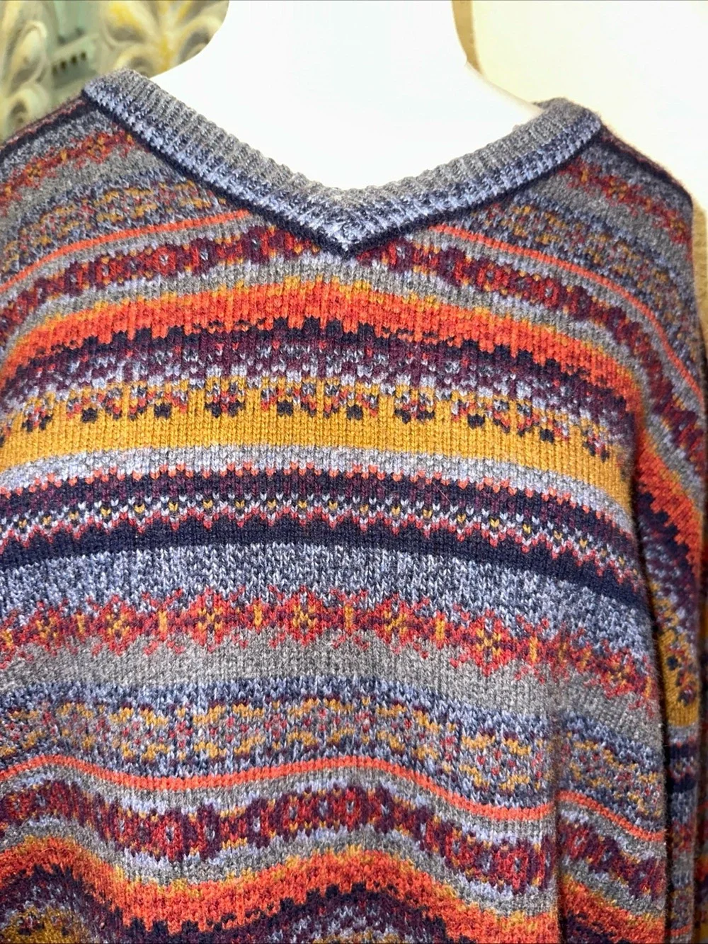 Weatherproof Fair Isle Lambswool Blend Sweater Mens XL Blue V Neck Knit 90s